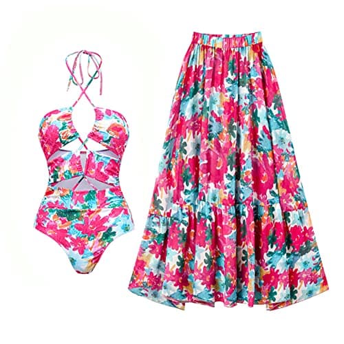 Women's Floral Print Swimsuit with Maxi Beach Skirt for Summer Holiday