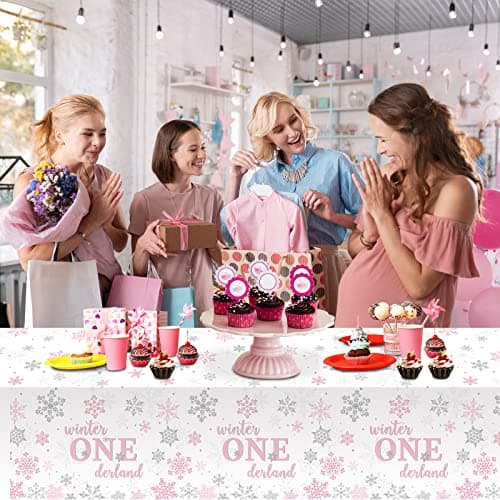 Jectivs 6Pcs Christmas Snowflake Tablecloth Pink & Silver Onederland 1st Birthday Decor 54x108inch