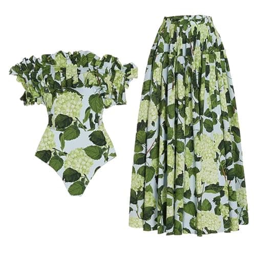 Women's Floral Print Swimsuit with Maxi Beach Skirt for Summer Holiday