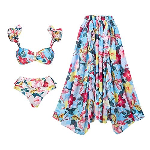 Women's One Piece Swimsuit with Floral Sarong Cover Up and Tummy Control