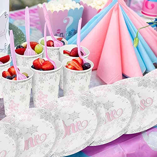 Jectivs Winter Onederland Pink & Silver Snowflake Plates & Napkins Set for 1st BirthdayParty Decor Serve 25