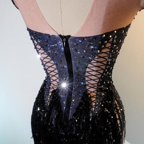 Youmeisha Black Fringe Rhinestone Dancing Costume for Women Stage Performances