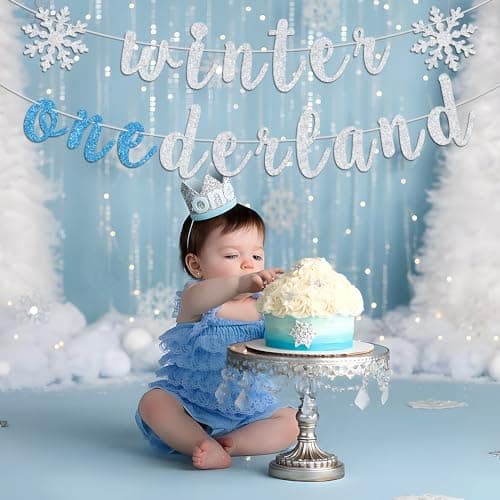 Ferburitar Silver & Blue Snowflake Winter Bunting Sign for 1st Birthday Decorations
