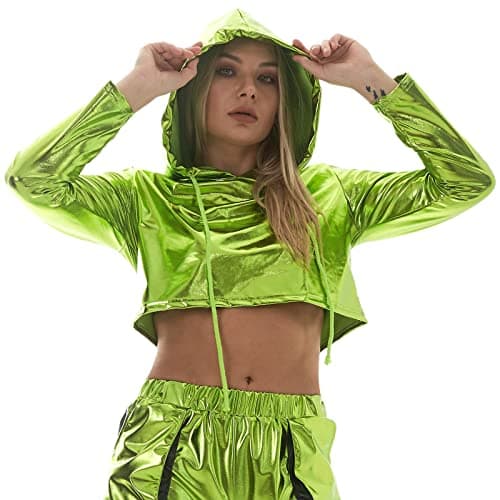 Womens Shiny Metallic Crop Top Hoodie