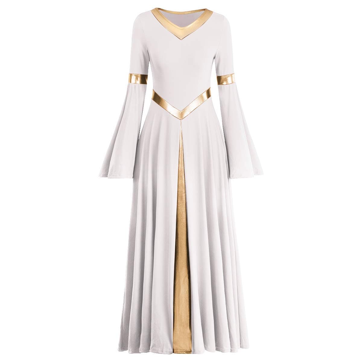 IMEKIS Metallic V Neck Praise Dance Dress Bell Sleeve Robe for Women