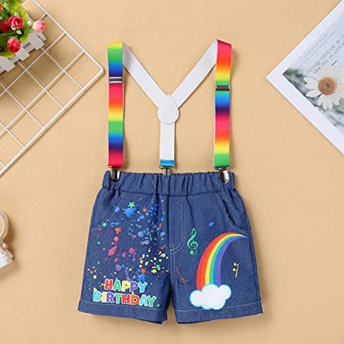 Toddler Boys Birthday Outfit with Melon Print: Romper Top, Jeans Shorts, and Suspenders