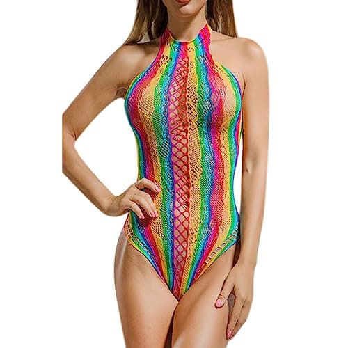 MINGSEECESS Women's Rainbow Striped See-Through Bodysuit Bikini Cover-Up