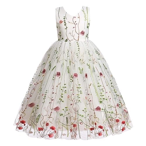 IWEMEK Girls Flower Embroidered Tulle Mesh Dress for Weddings & Birthdays