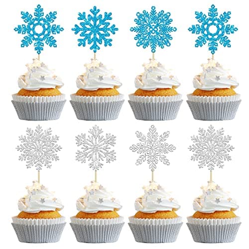 Gyufise 24 Pack Blue Silver Glitter Snowflake Cupcake Toppers for Winter Birthday