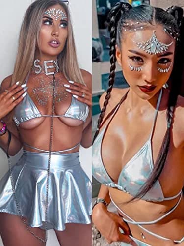 EVELUST Rave Outfits for Women - Metallic Holographic Strappy Bikini Top Bottom Beach Skirt