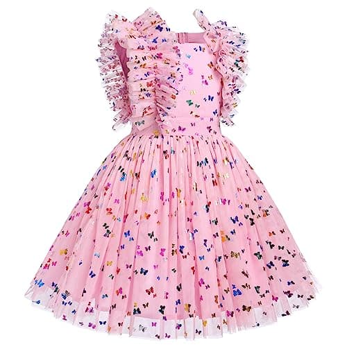 IBTOM CASTLE Girls' Butterfly Daisy Polka Dots Tulle Birthday Dress