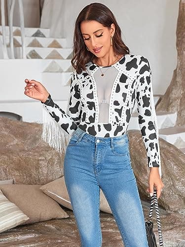 SweatyRocks Women's Printed Fringe Long Sleeve Sheer Mesh Bodysuit