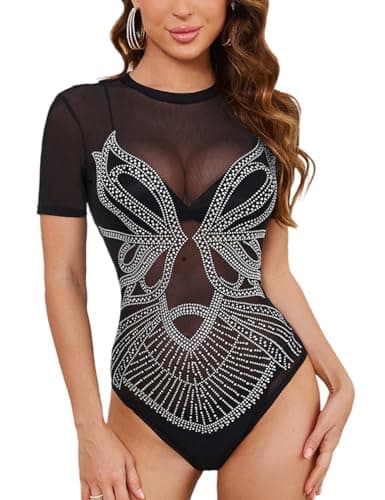 UEOIOW Women's Sheer Mesh Rhinestone Bodysuit Tops