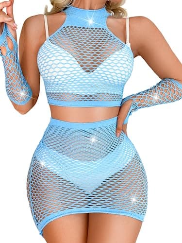 Kaei&Shi Women's Glitter Fishnet Skirt & Mesh Swimcover for Festivals