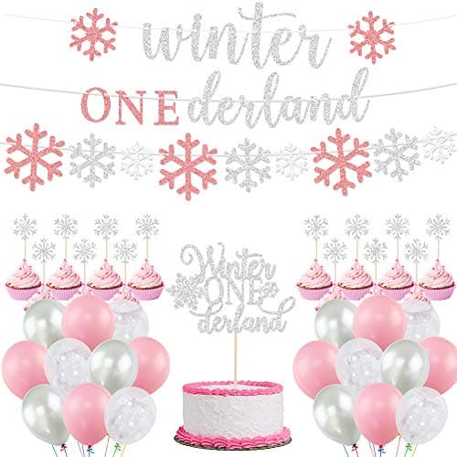 Winter Onederland 1st Birthday Girl Party Decoration - Banner, Balloons, Cake Toppers