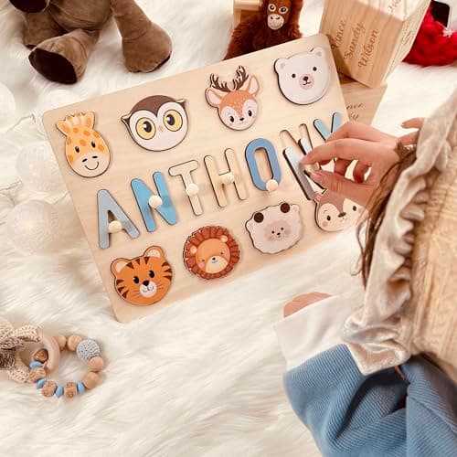 Personalized Name Puzzle for Kids - Custom Wooden Puzzle for Baby Easter Gifts with Engraved Text - Perfect 1st Birthday Gift for Toddler Boys and Girls