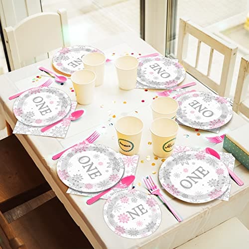 ZOIIWA Winter Onederland Snowflake Birthday Party Supplies for Baby Girls - 24 Guests