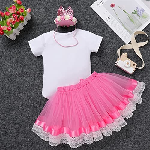 IBTOM CASTLE Baby Girl 1st Birthday Floral Lace Romper & Tutu Set+Crown Photo Clothes