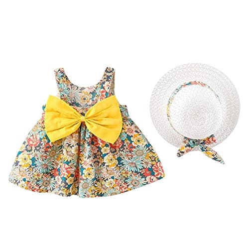 IMEKIS Toddler Girls Hawaiian Rainbow Backless Sundress & Straw Hat