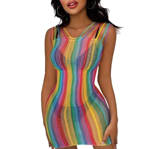 MINGSEECESS Women's Rainbow Striped See-Through Bodysuit Bikini Cover-Up