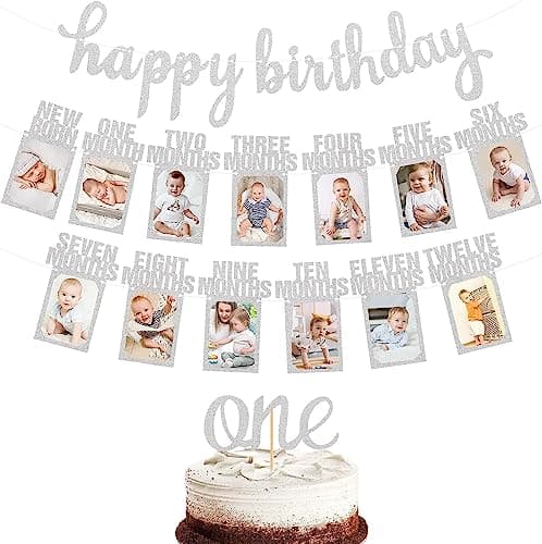 Paready First Birthday Photo Banner, Happy Birthday Decor for Boy or Girl (Silver)