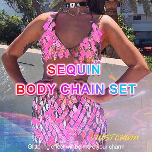 Nicute Pink Sequin Set with Body Chain Skirt & Top