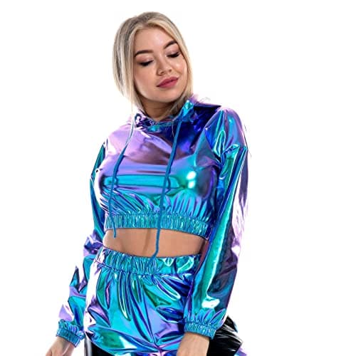 Womens Shiny Metallic Crop Top Hoodie