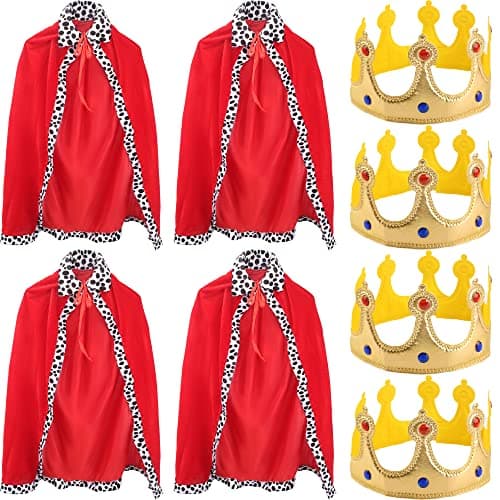 4-Pack Kids King Costume Set: Red & Blue Cape Crown Sheriff's Kids Halloween Cosplay