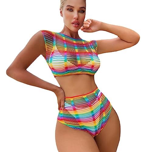 Rainbow Rave Fishnet Costume for Women