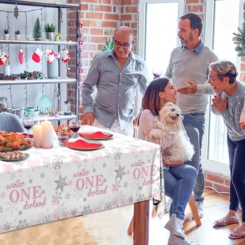 Onederland 3Pcs Winter Pink Silver Snowflake Tablecloth for 1st Birthday Girls