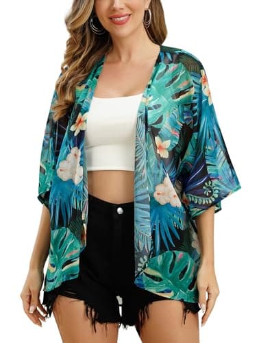 IMEKIS Women's Floral Printed Chiffon Half Sleeve Kimono Cardigan