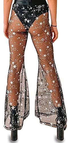 DZOVUTTZ Women's Festival Dance Outfit Bell Bottom Mesh Pants