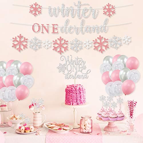 Winter Onederland 1st Birthday Girl Party Decoration - Banner, Balloons, Cake Toppers