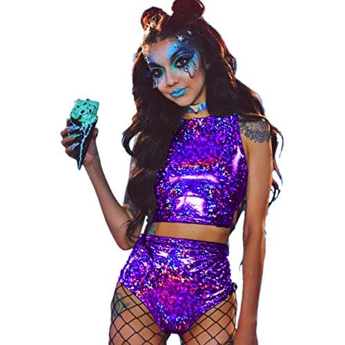 Women's Rave Holographic Bodysuit Set in Metallic Silver for Dance Parties and Festivals
