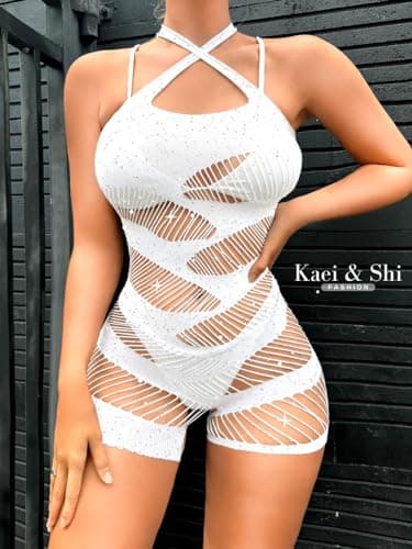 Kaei&Shi Striped Fishnet Sparkly Romper for Rave