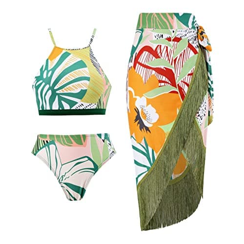 IMEKIS Women's 3-Piece Ruffle Floral Print Vintage Bikini Swimwear for Summer Holiday