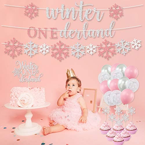 Winter Onederland 1st Birthday Girl Party Decoration - Banner, Balloons, Cake Toppers