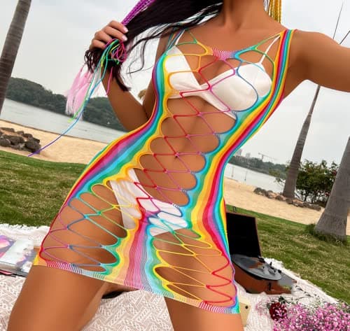 MINGSEECESS Women's Rainbow Striped See-Through Bodysuit Bikini Cover-Up