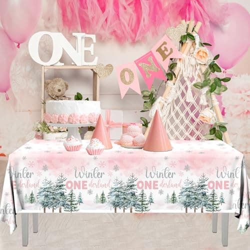 HAKOTI Pink Snowflake Tablecloth for 1st Birthday Winter Wonderland Decor