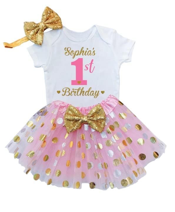 Funmunchkins Personalized 1st Birthday Gold & Pink Tutu Outfit