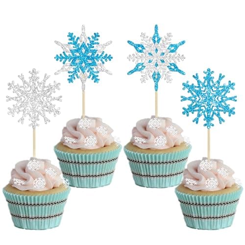 Gyufise 24 Pack Blue Silver Glitter Snowflake Cupcake Toppers for Winter Birthday
