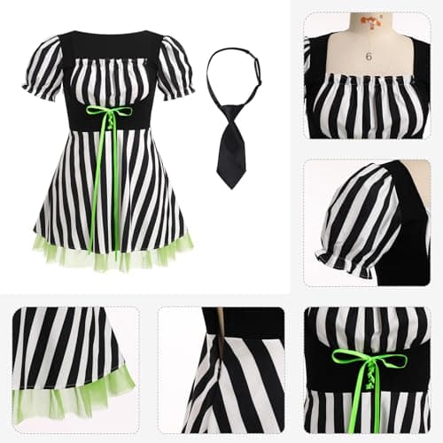 IMEKIS Women Black & White Striped Halloween Tulle Lace-Up Gothic Cosplay Dress