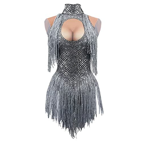 Yoyomomozi Sparkly Rhinestone Tassel Bodysuit for Nightclub Shows and Festivals