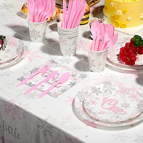 Jectivs Winter Onederland Pink & Silver Snowflake Plates & Napkins Set for 1st BirthdayParty Decor Serve 25