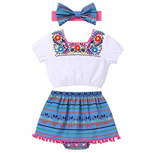IMEKIS Toddler Girls Mexican Floral Outfit + Top + Skirt + Headband Halloween Costume