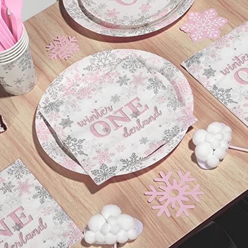 Jectivs Winter Onederland Pink & Silver Snowflake Plates & Napkins Set for 1st BirthdayParty Decor Serve 25