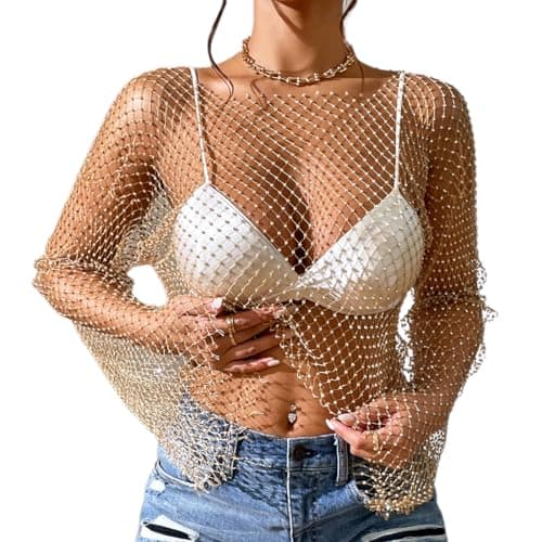 Sparkle Rhinestone Mesh Crop Top with Long Sleeve for Women