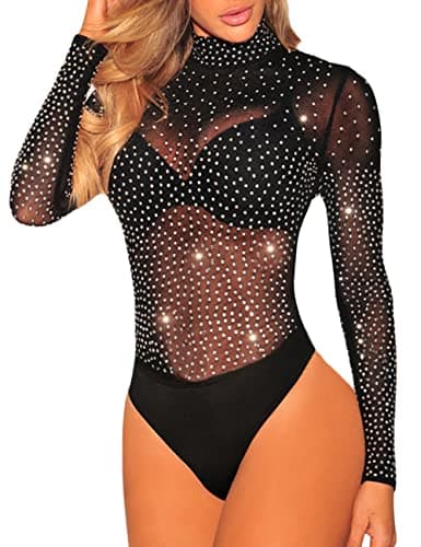 Sheer Mesh Turtleneck Bodysuit for Ladies