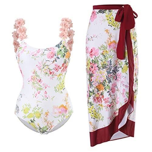 IMEKIS Women’s Floral Print Bikini Set with Wrap Skirt