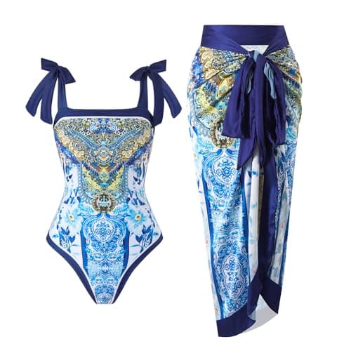 Cerdexon Women's Retro Floral Print One Piece Bathing Suit with Cover Up Skirt